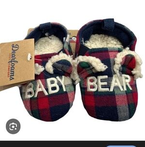 Dearfoams Baby Bear Red/Blue Plaid Christmas Bootie Slippers, Size 3/4 Mos, NWT
